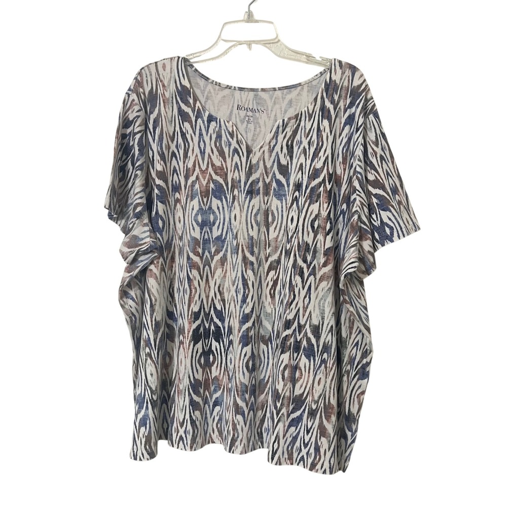 Roamans Womens Plus Size 2X 26/28 Blue Brown Ikat Print Split Neck Tunic Top